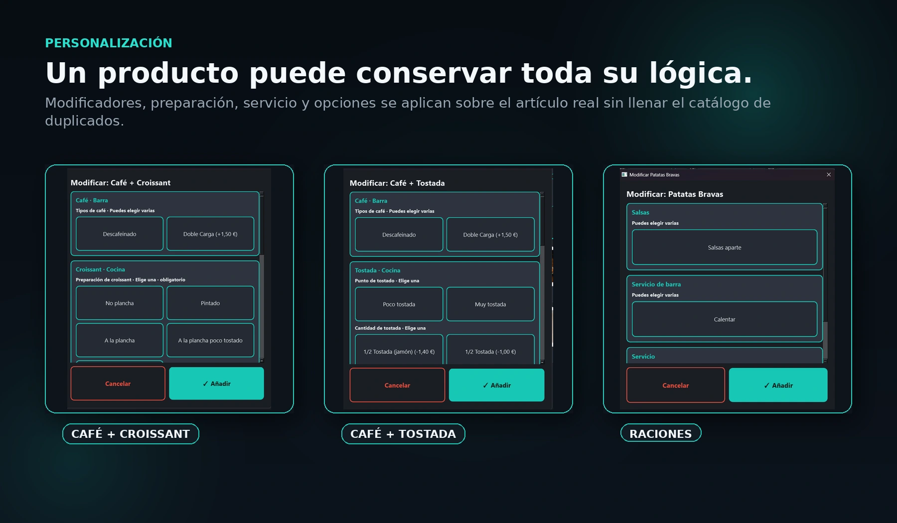 Ejemplos de personalización de café, tostada y raciones en TORQIUM TPV.