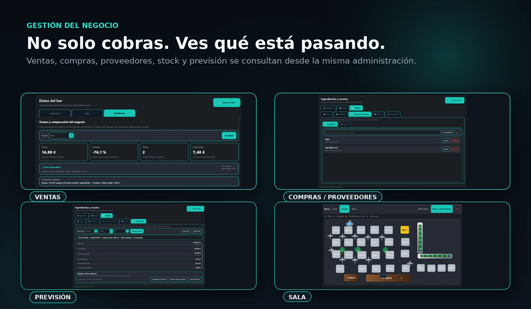 Gestión TORQIUM con ventas, compras y proveedores, previsión y sala.