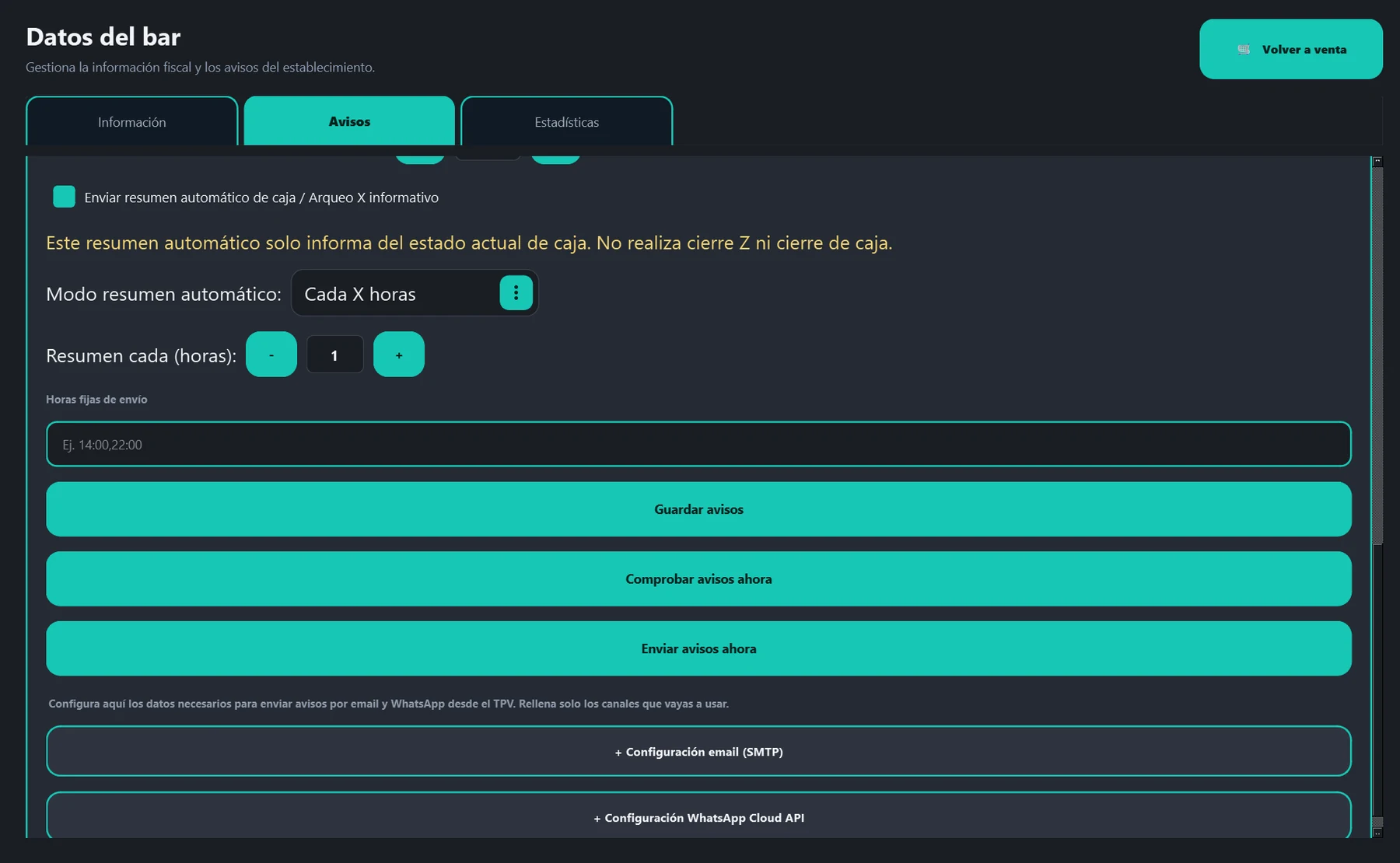 Configuración del resumen automático de caja por intervalo u horas concretas