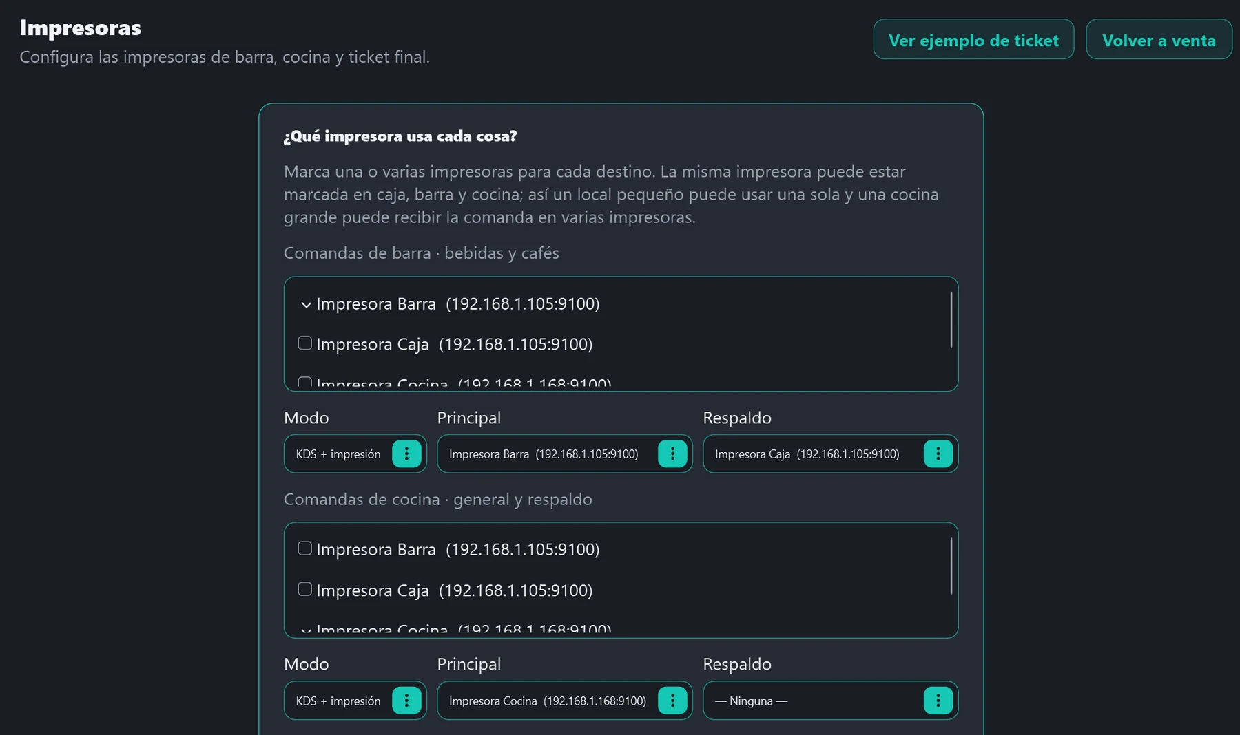 Configuración de impresoras por destino: barra, cocina y ticket final, con impresora de respaldo
