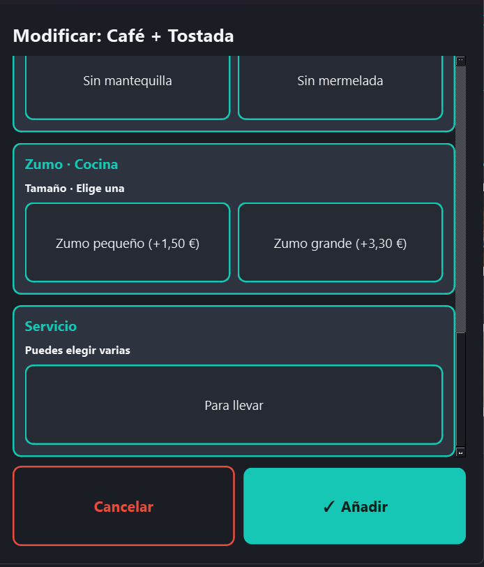 Opciones de zumo, tamaño y para llevar