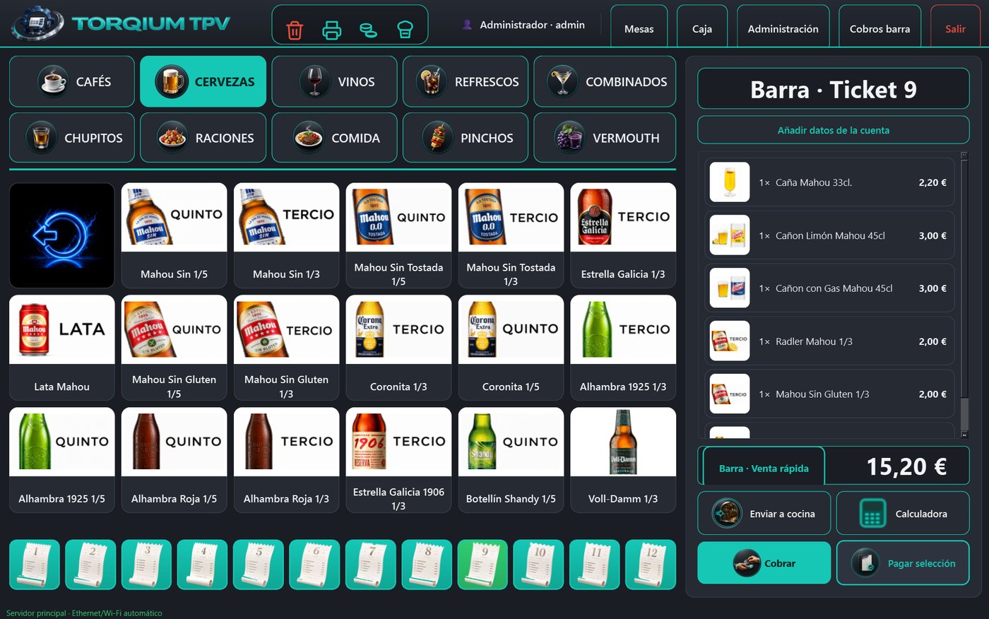Ticket de barra con varias cervezas seleccionadas