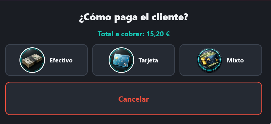 Selector de forma de pago: efectivo, tarjeta o mixto