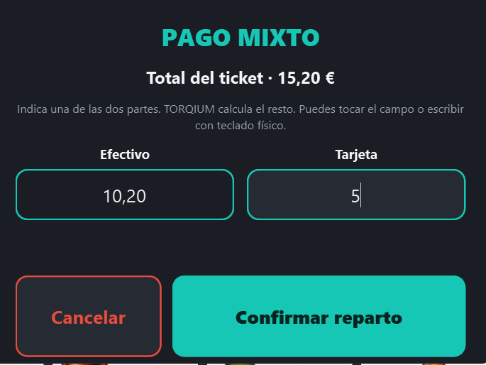 Reparto de pago mixto entre efectivo y tarjeta