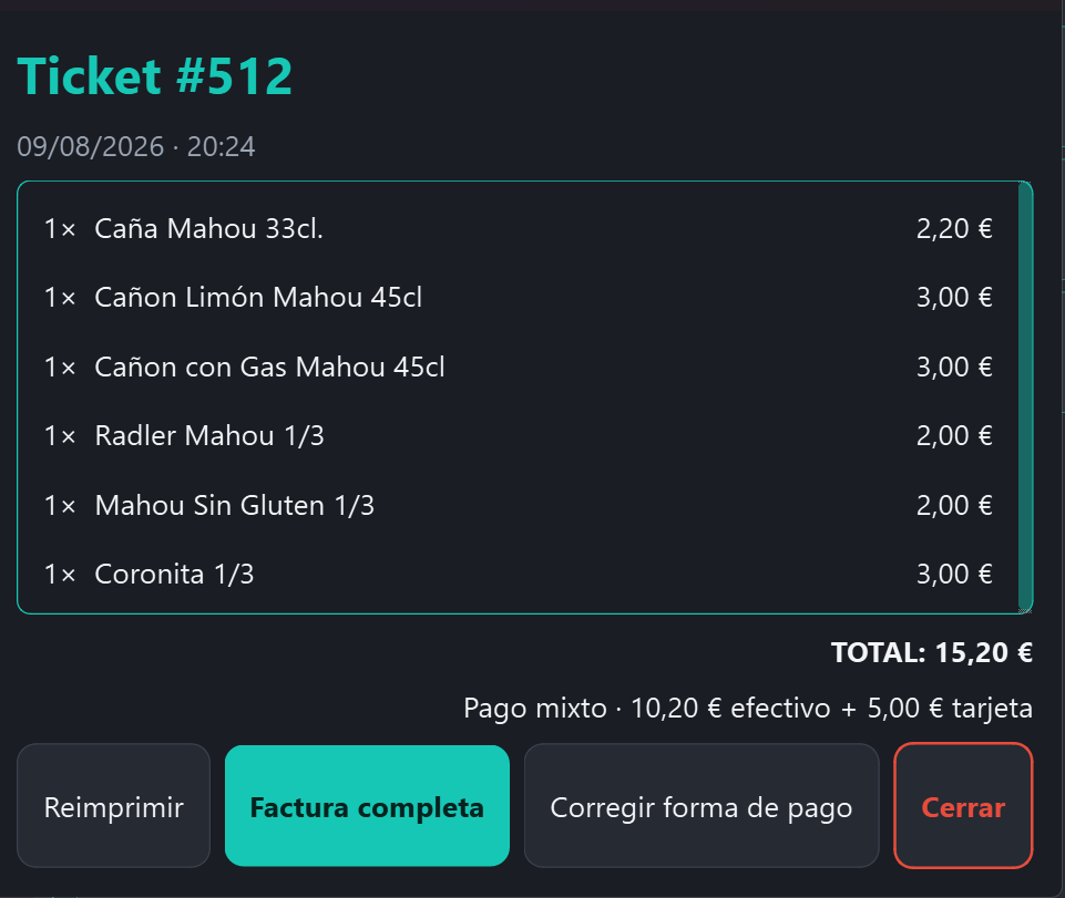 Ticket final impreso con detalle completo y forma de pago