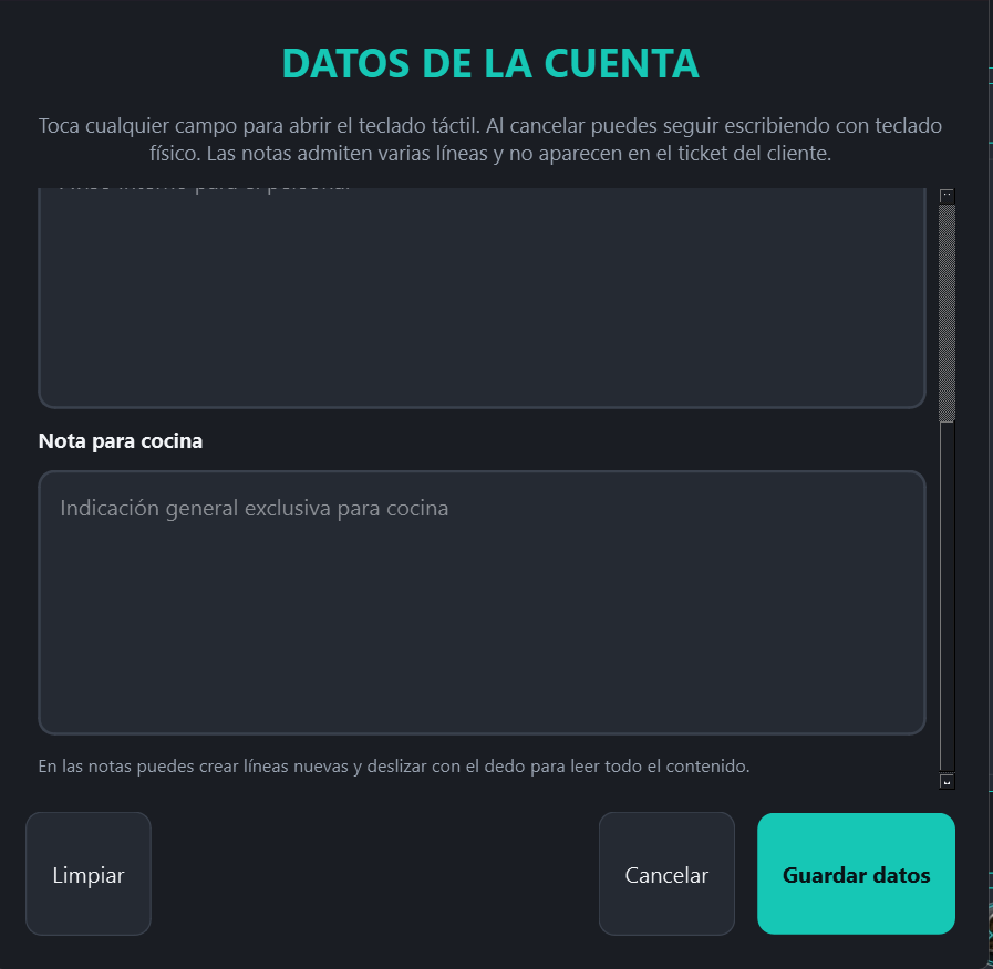 Campo de nota exclusiva para cocina