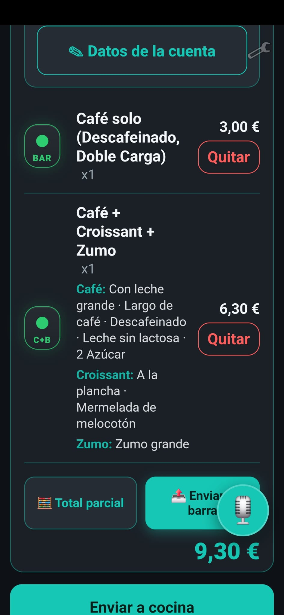 Pedido de la Mesa 6 en TORQIUM TPV Móvil con café solo y combo de café, croissant y zumo personalizados