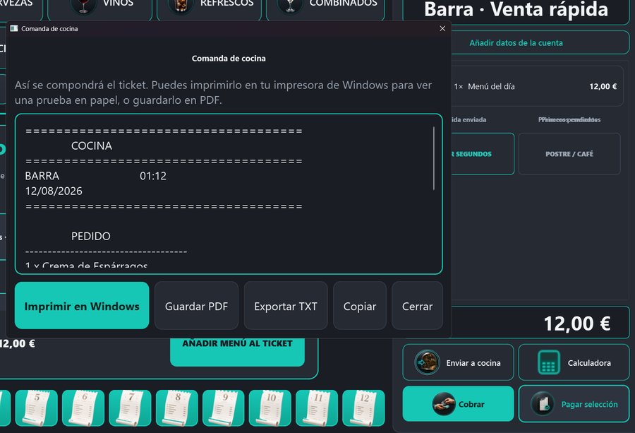 Comanda de cocina en formato texto, con opciones de imprimir, PDF, TXT y copiar