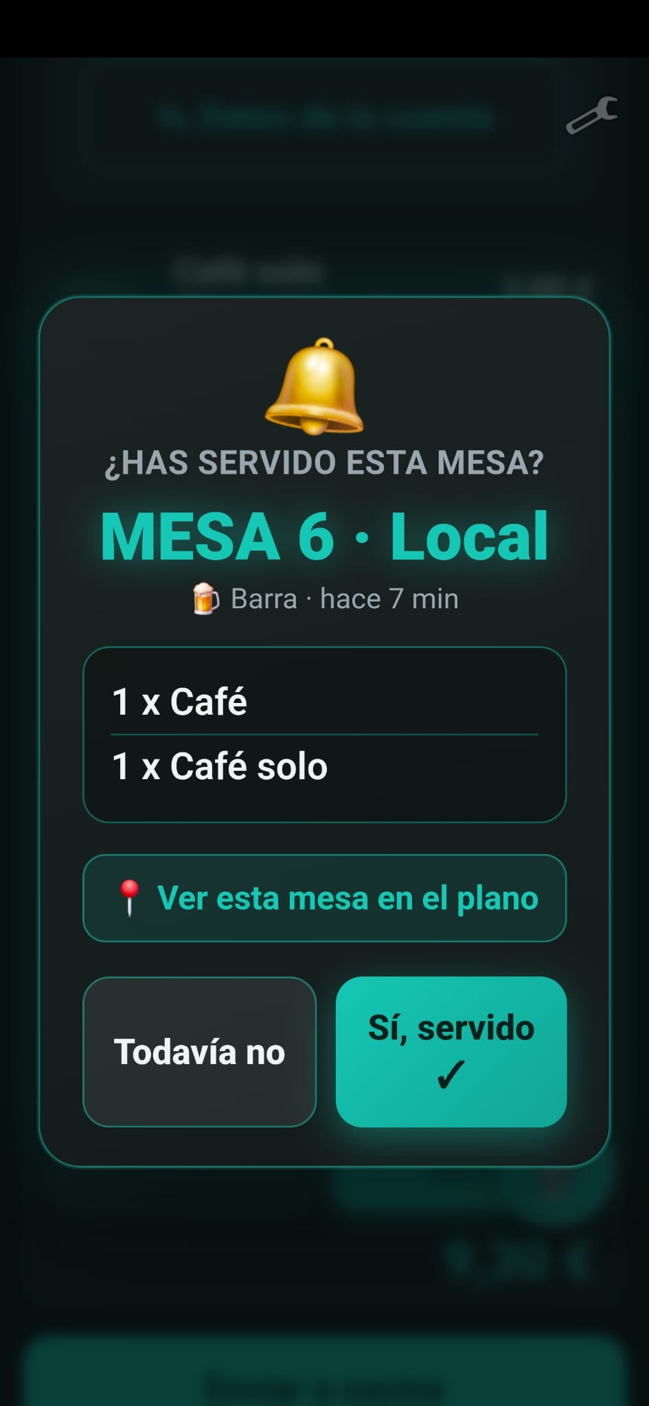 Recordatorio de TORQIUM TPV Móvil preguntando si se ha servido la parte de barra de la Mesa 6