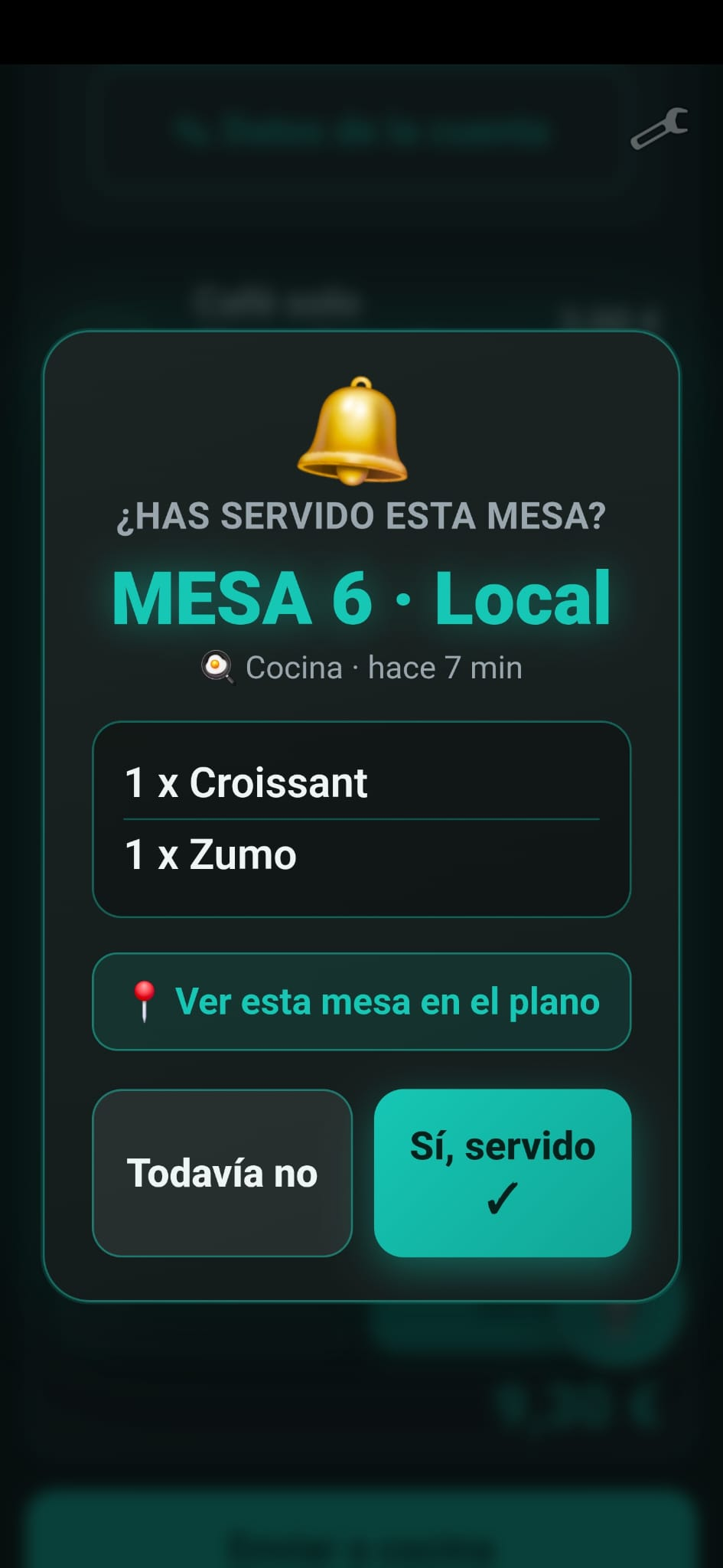Recordatorio de TORQIUM TPV Móvil preguntando si se ha servido la parte de cocina de la Mesa 6
