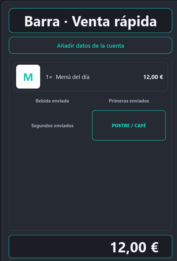 Ticket con segundos enviados y Postre/Café activo
