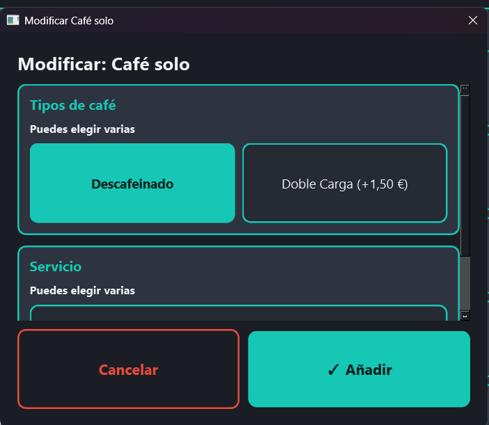 Selección de café descafeinado dentro del menú