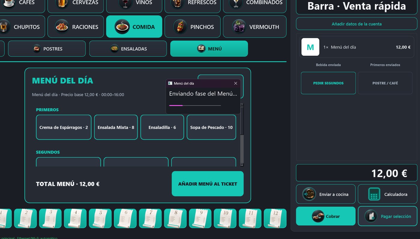 Menú del día integrado en la pantalla de venta: categorías, panel de primeros con stock y ticket lateral a la vez