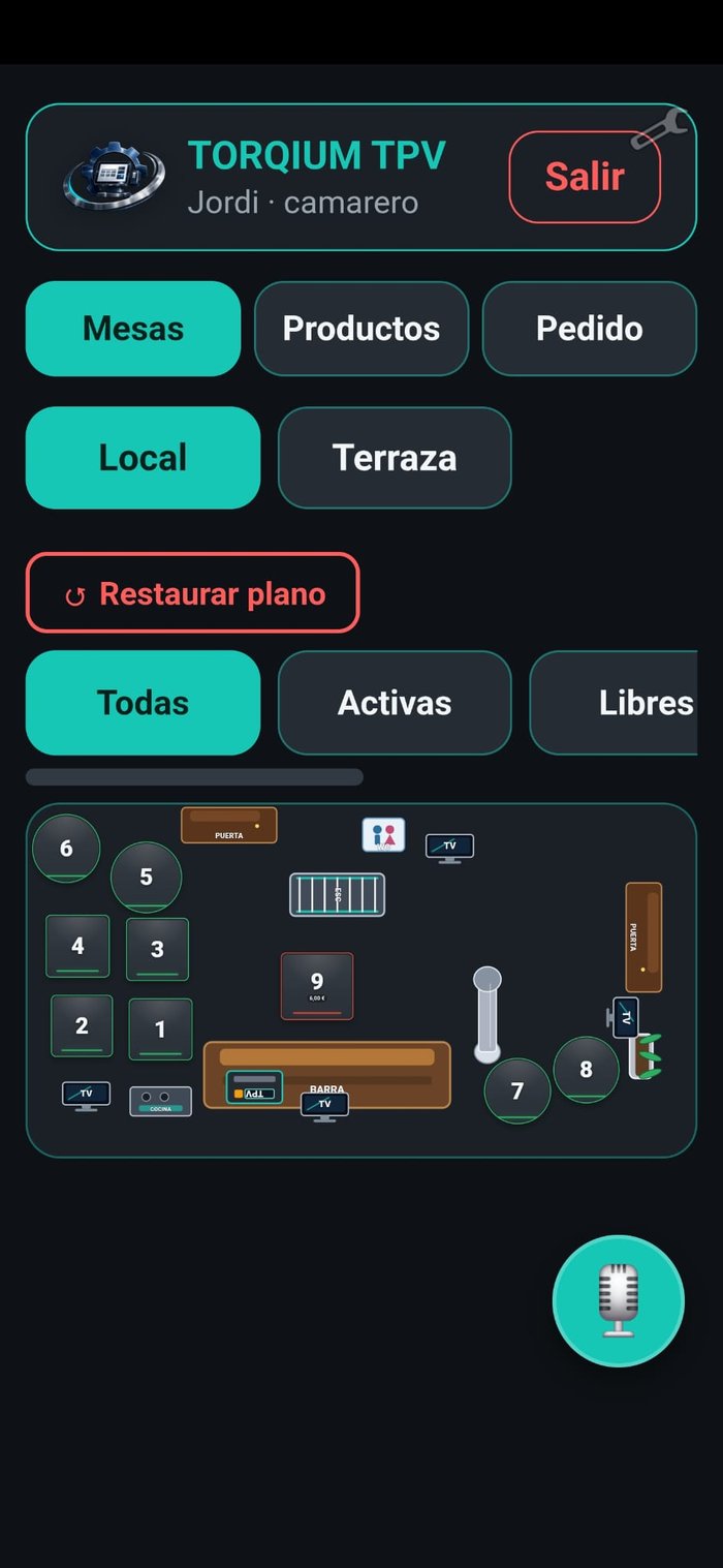 Mapa de mesas del local en la app móvil