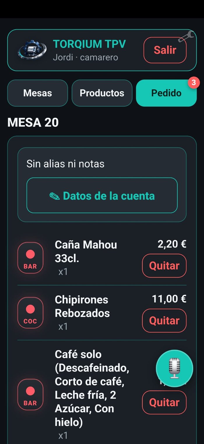 Pedido de la Mesa 20 con cada línea marcada como BAR o COC