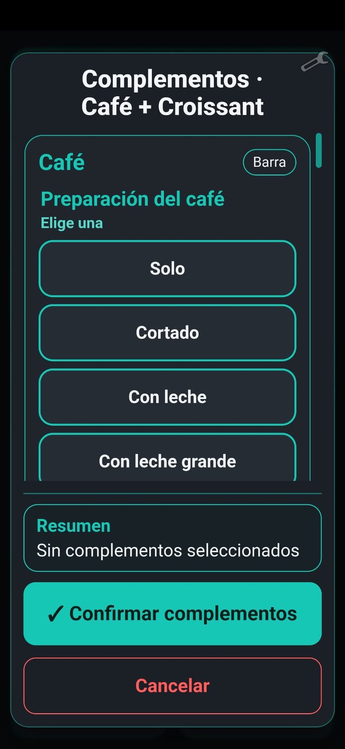 Preparación de café mostrando su partida Barra en la app móvil