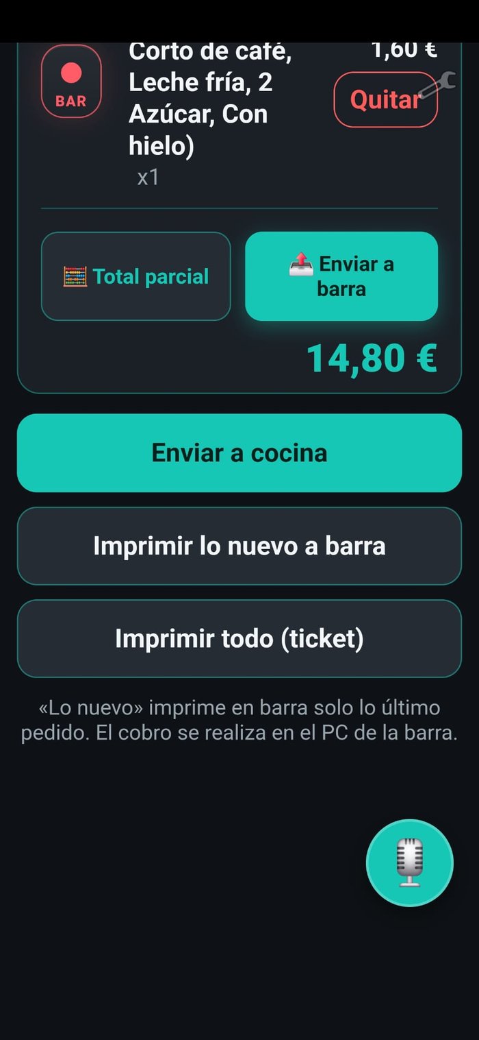 Botones para enviar el pedido a barra y a cocina por separado