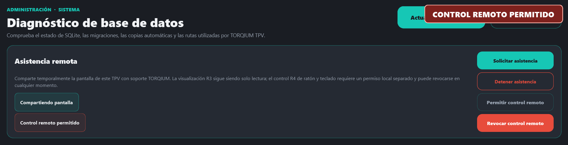 Asistencia remota en TORQIUM TPV con pantalla compartida, permiso de control remoto y opción de revocarlo