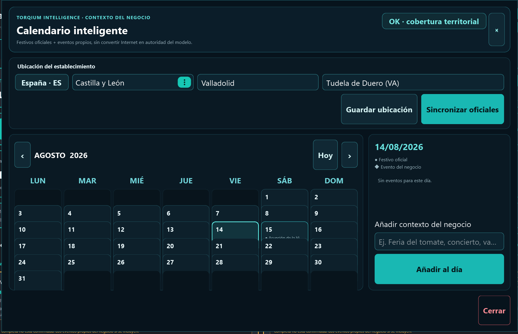 Calendario inteligente de TORQIUM Intelligence con ubicación, festivos oficiales y eventos propios del negocio