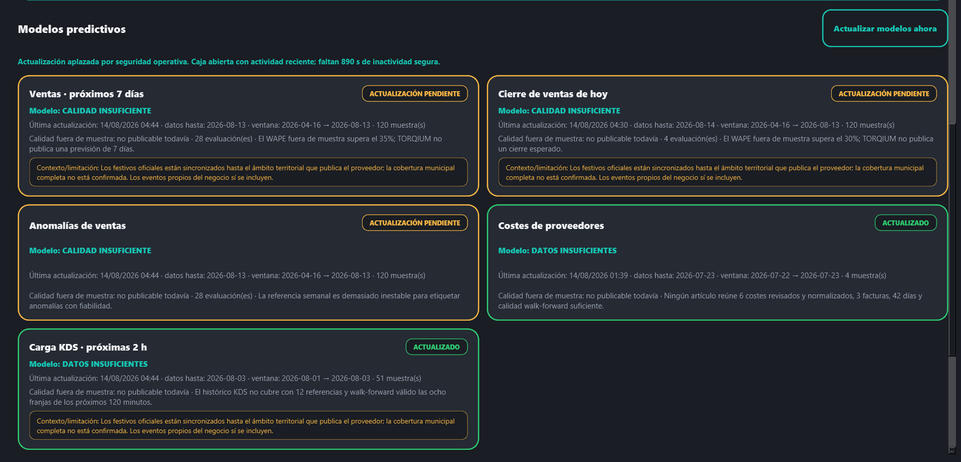 Modelos predictivos de TORQIUM Intelligence con su ventana de análisis y calidad de muestra