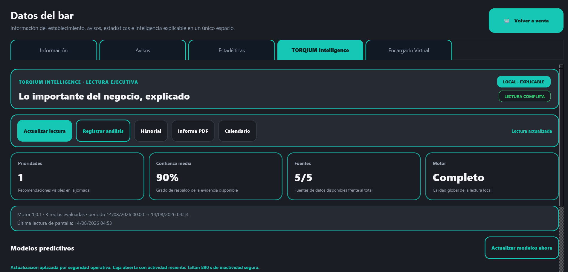 Panel TORQIUM Intelligence dentro de Datos del bar con lectura ejecutiva, fuentes y estado de modelos