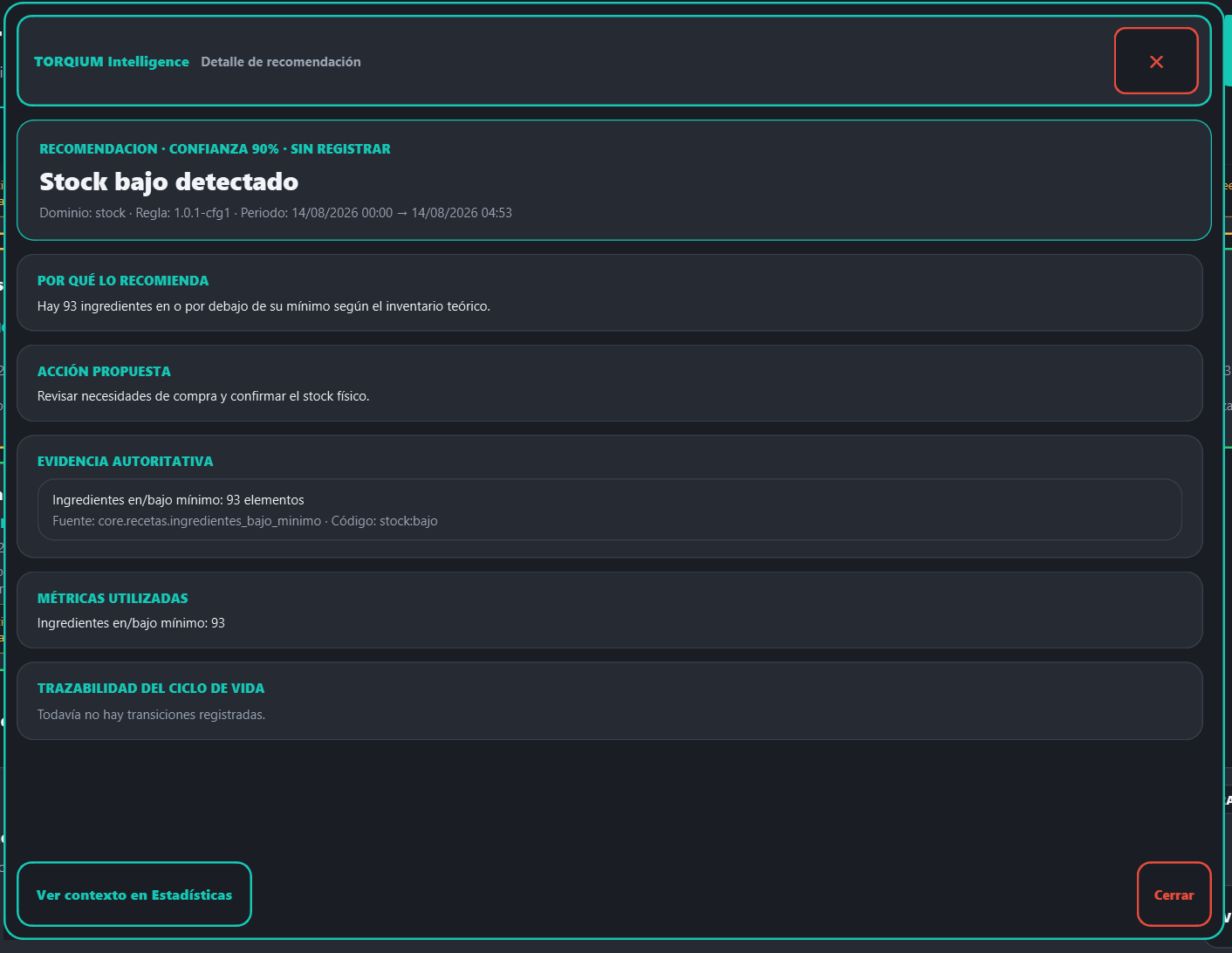 Detalle explicable de una recomendación de stock bajo en TORQIUM Intelligence, con evidencia, métricas y trazabilidad