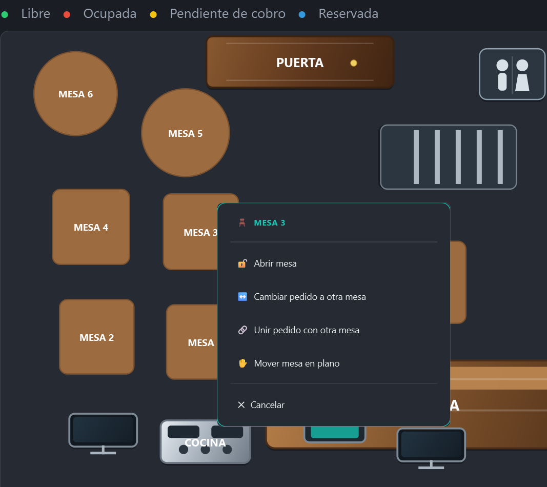 Plano interactivo de sala de TORQIUM TPV con estados de mesa y acciones para abrir, cambiar, unir o mover pedidos